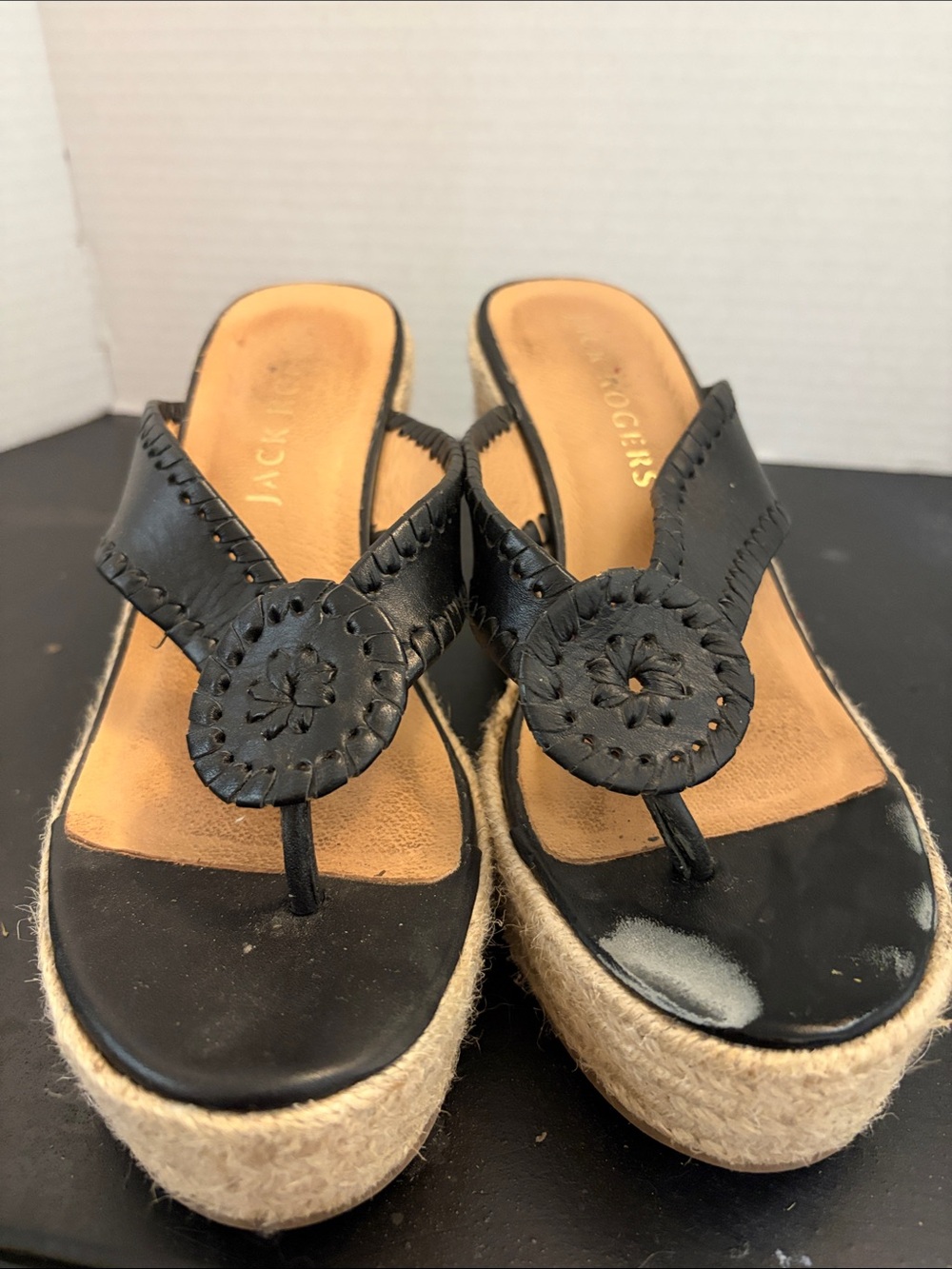 Jack Rogers Black Leather Espadrille Platform Thong Sandals, Size 8